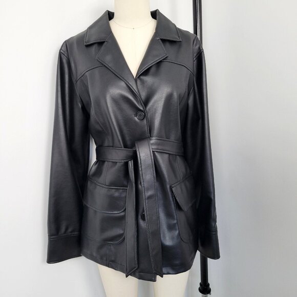 Outer Edge Faux Leather Trench Coat – Early 2000s Y2K Belted Jacket - Picture 12 of 12